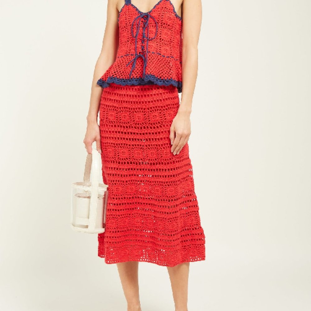 STAUD Marlin Cotton-Crochet Midi Skirt/Top Set In Red Multi (S/M)
